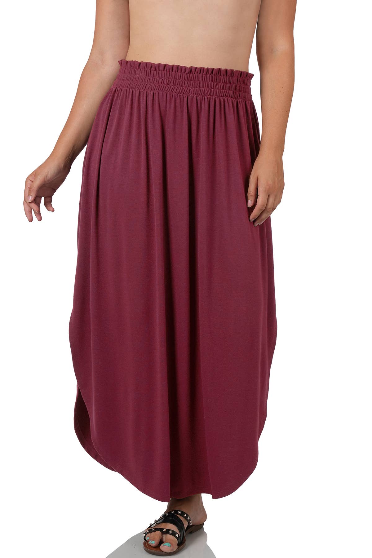 42POPS - Plus Smocked Waist Side Slit Maxi Skirt With Pockets - Zenan: +BLACK-148183 / 2X