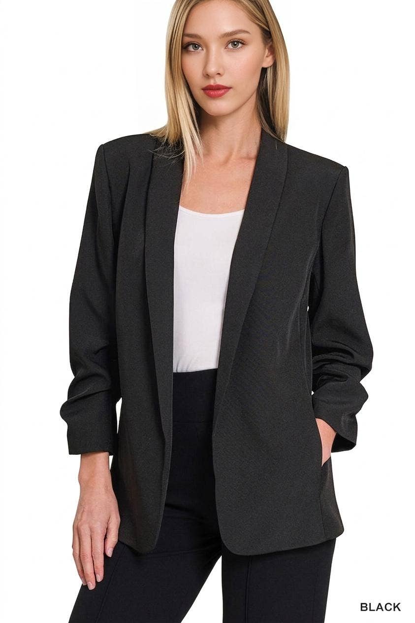 Ruched Sleeve Open Front Classic Blazer