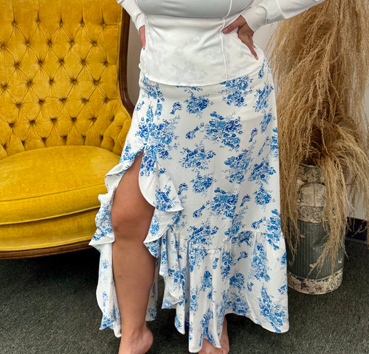 Split blue floral Ruffled Skirt
