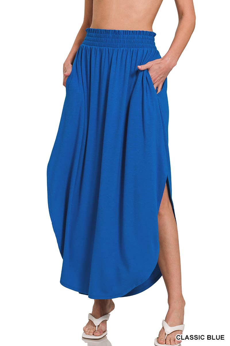 42POPS - Smocked Waist Maxi Skirt With Pockets: BLACK-162633 / M