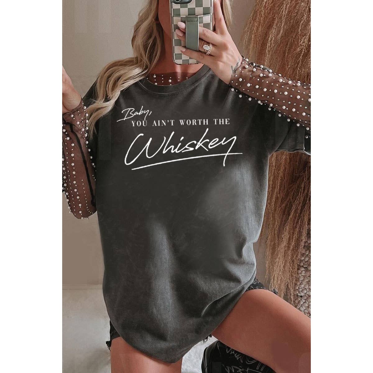 HRTandLUV - YOU AINT WORTH T WHISKEY OVERSIZED MINERAL GRAPHIC TEE: MINERAL DUSTY BLUE / S-M-L-XL(1-2-2-1)