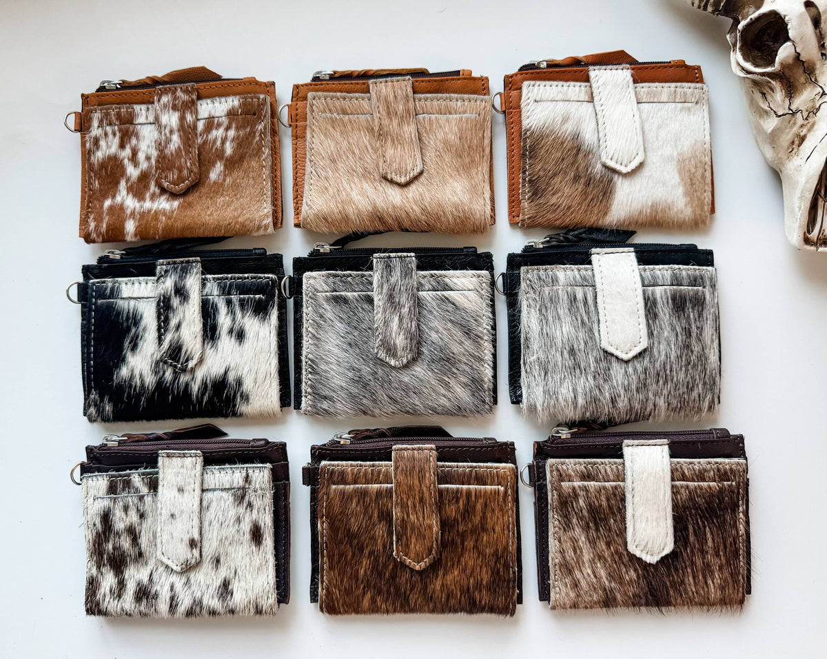 Dakota Wristlet Card Wallet- BLACK + WHITE COWHIDE