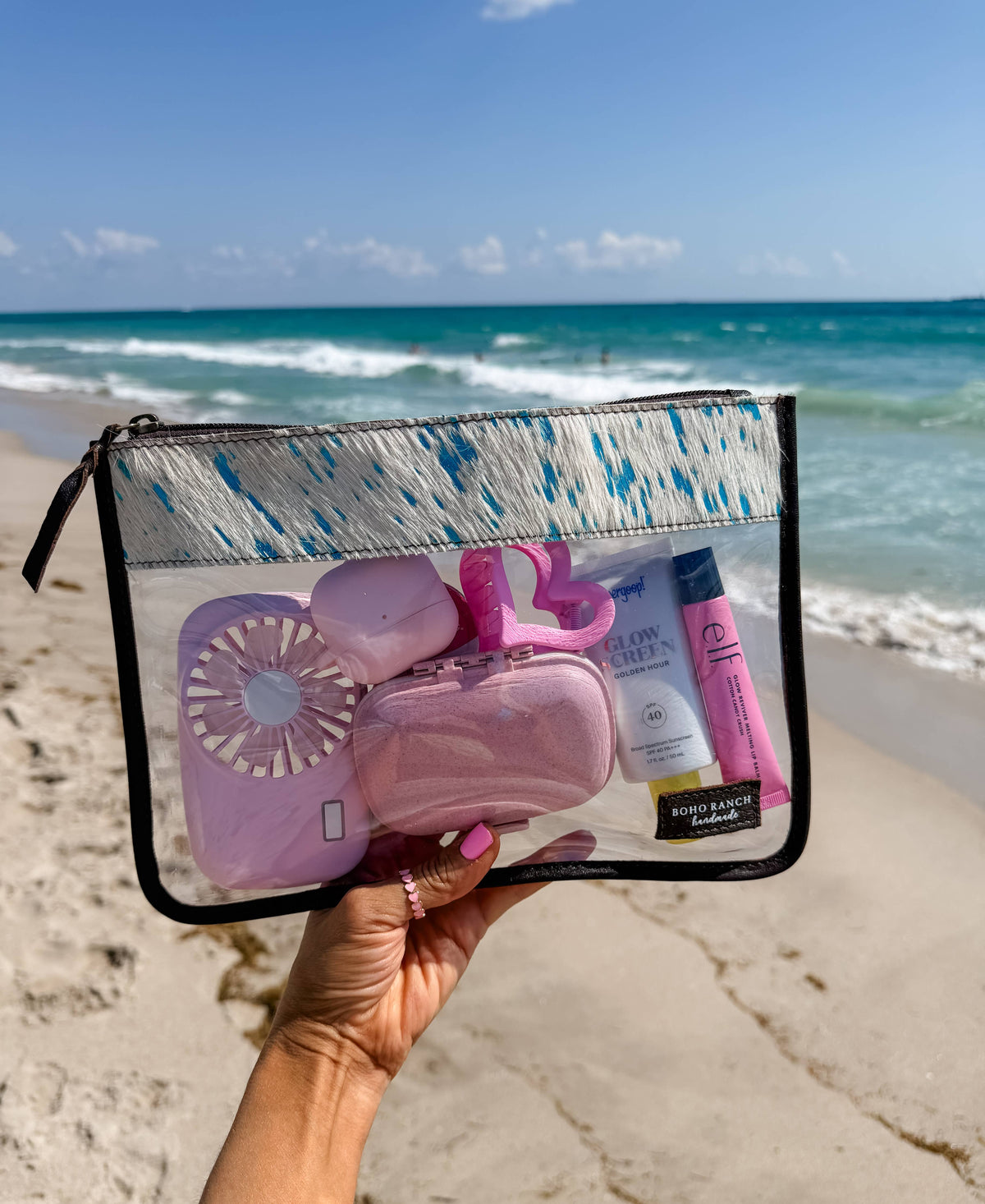 Cowhide Clear Toiletry Makeup Bag TAN + WHITE COWHIDE