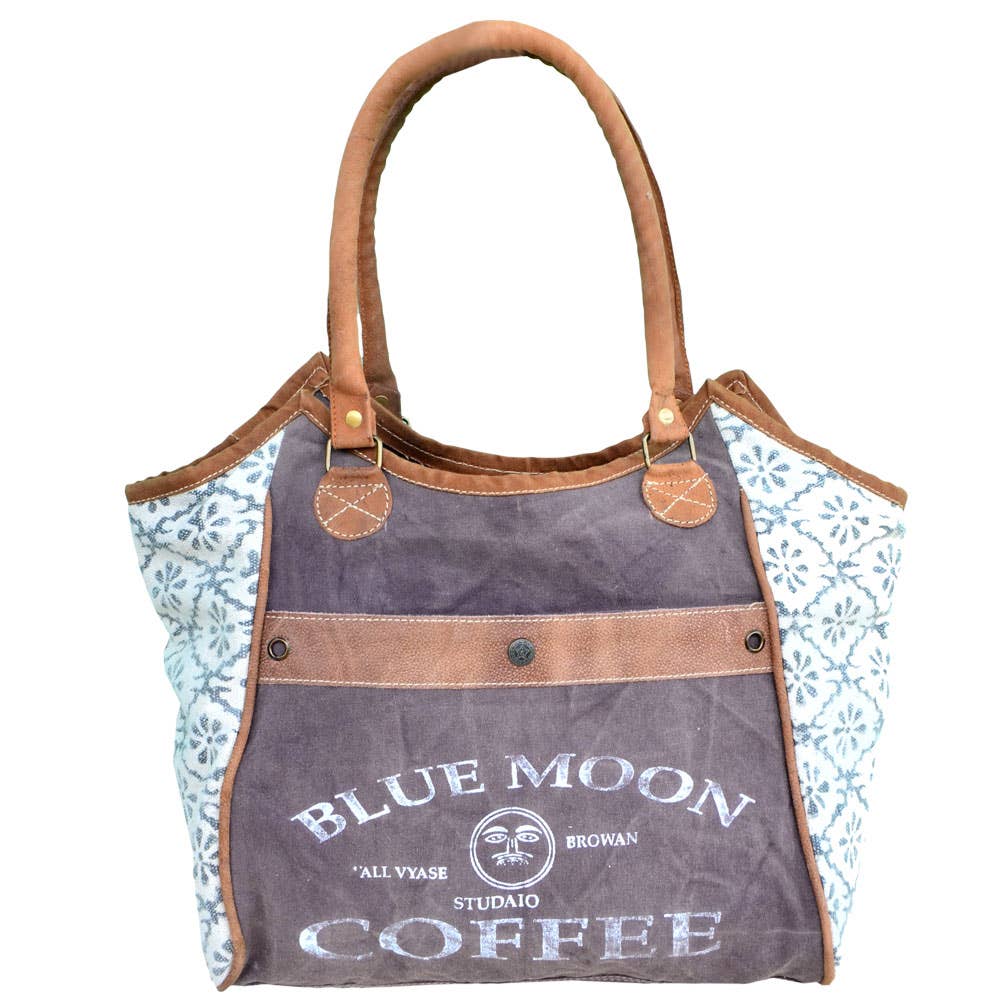 Clea Ray Canvas Bags & Clothing - White And Grey Canvas Blue Moon Coffee Tote