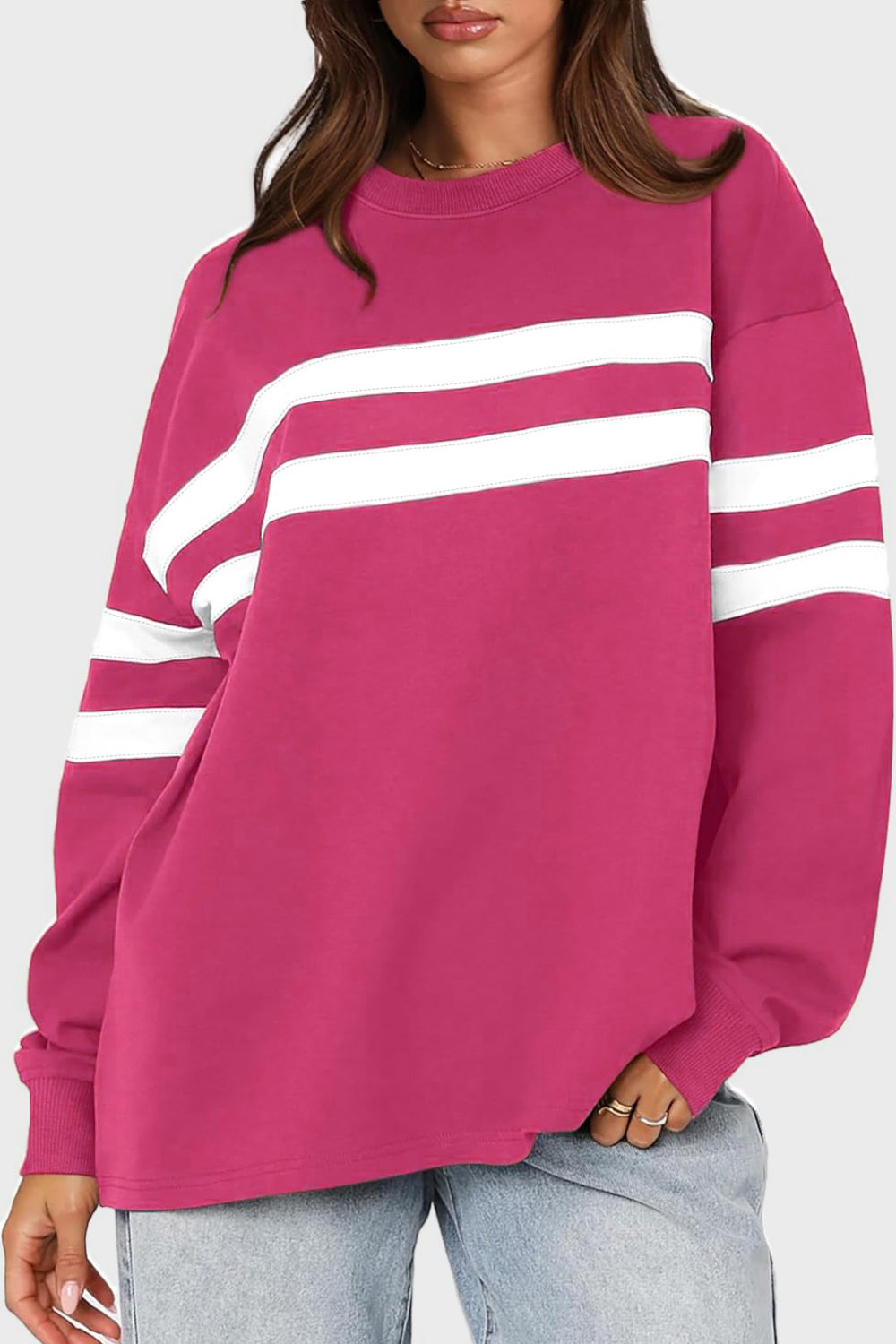 Lovelet Striped Round Neck Dropped Shoulder Sweatshirt