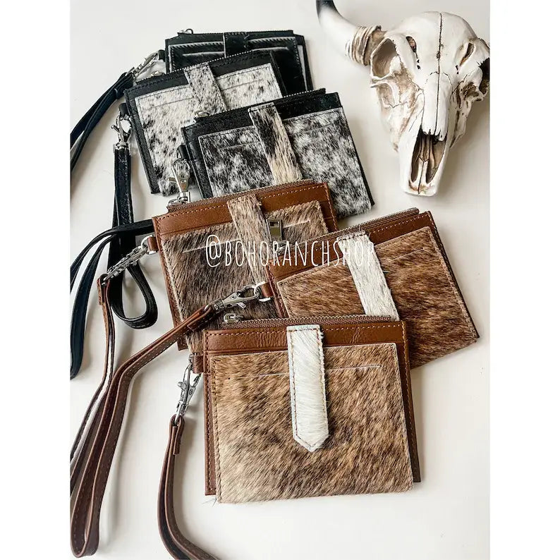 Dakota Wristlet Card Wallet- BLACK + WHITE COWHIDE