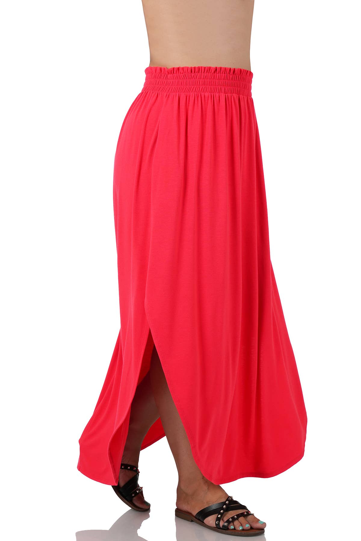 42POPS -  Plus Smocked Waist Side Slit Maxi Skirt With Pockets - Zenan: +BLACK-148183 / 2X