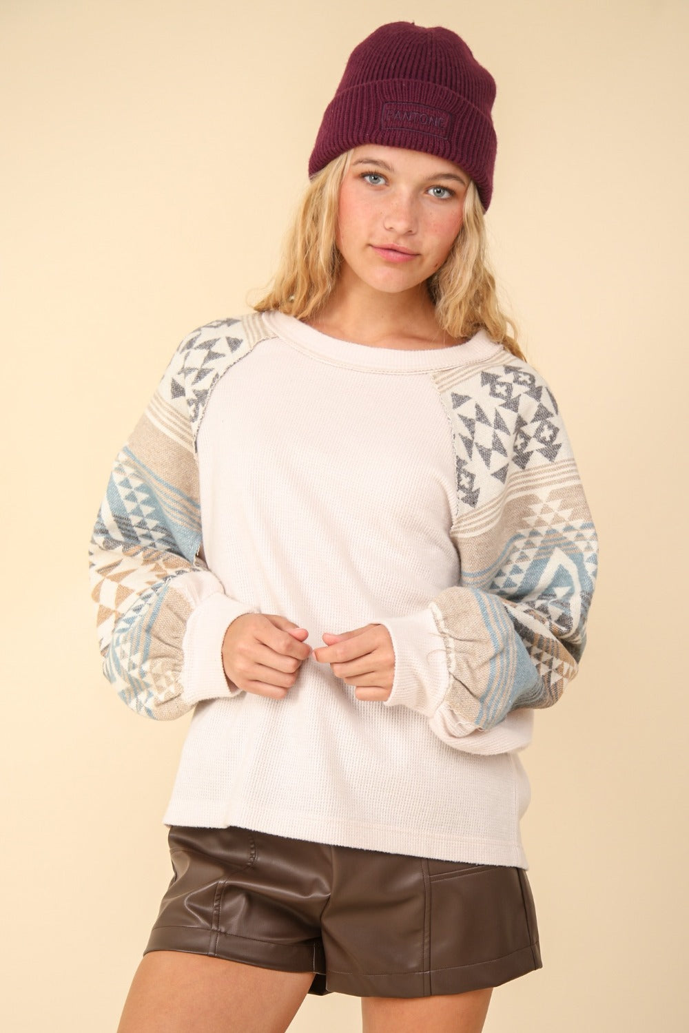 VERY J Printed Long Sleeve Round Neck Knit Top