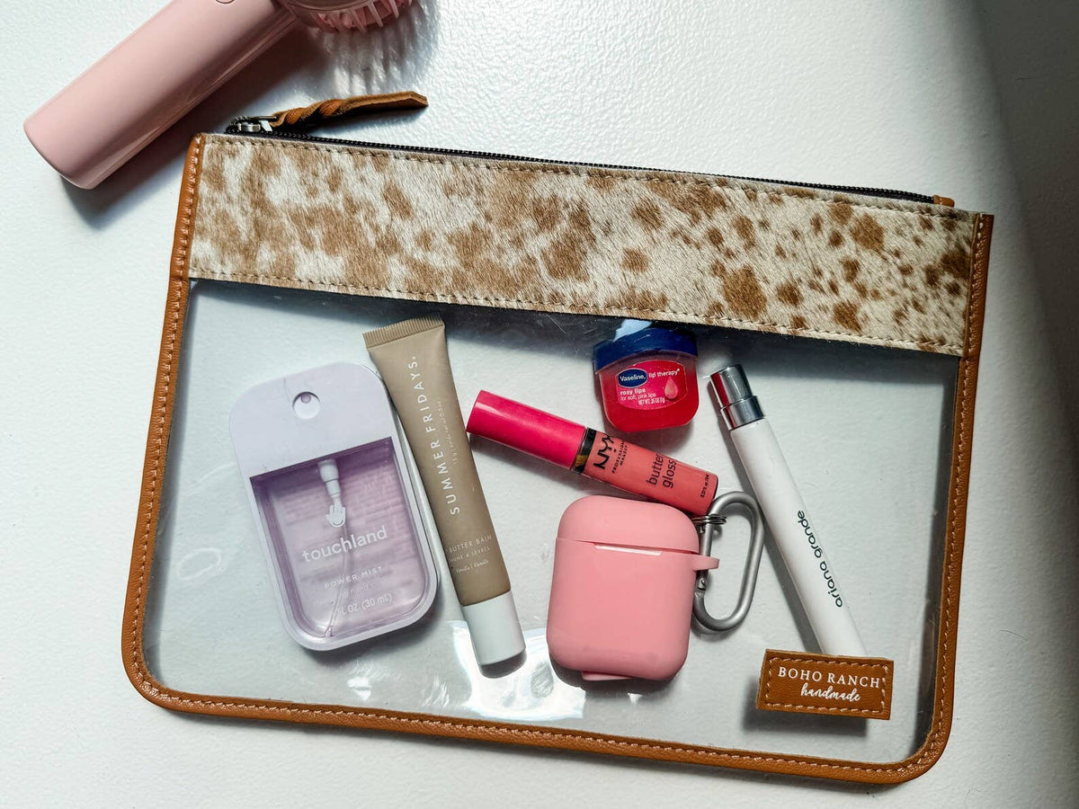 Cowhide Clear Toiletry Makeup Bag TAN + WHITE COWHIDE