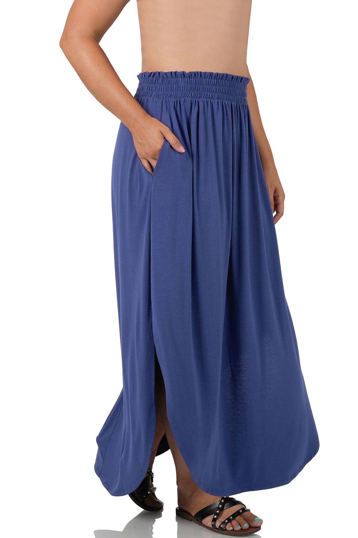 42POPS -  Plus Smocked Waist Side Slit Maxi Skirt With Pockets - Zenan: +BLACK-148183 / 3X