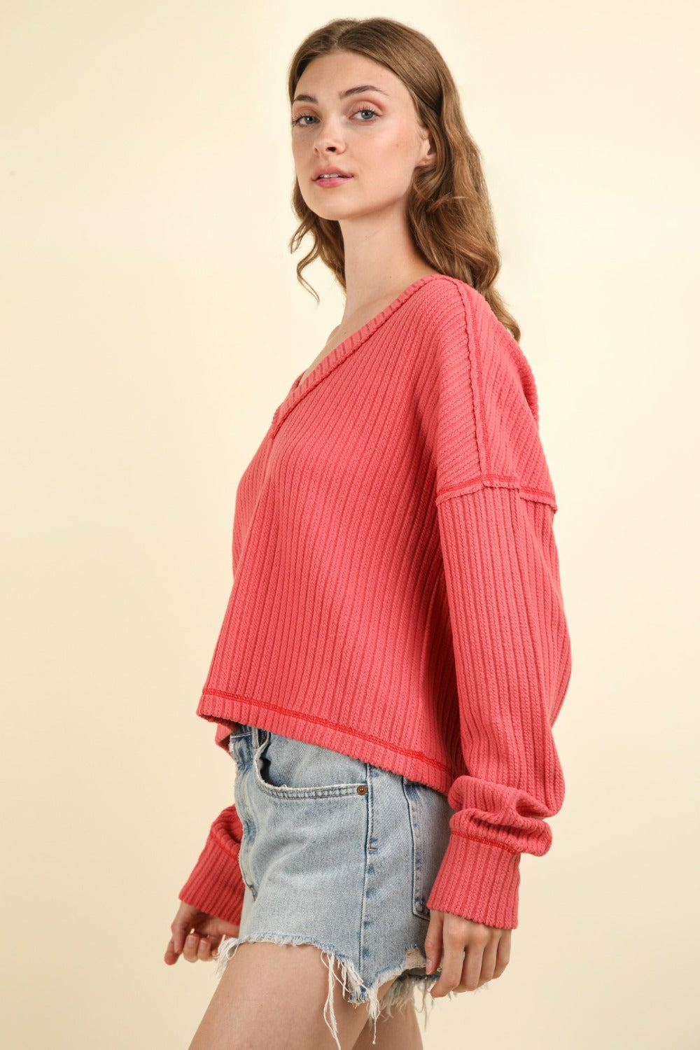 VERY J Exposed Seam V-Neck Ribbed Knit Top