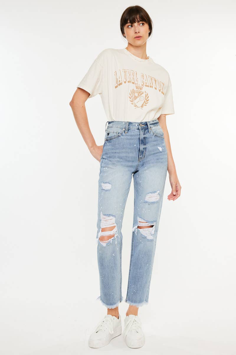 HIGH RISE SLIM STRAIGHT JEANS PAINT SPLATTER