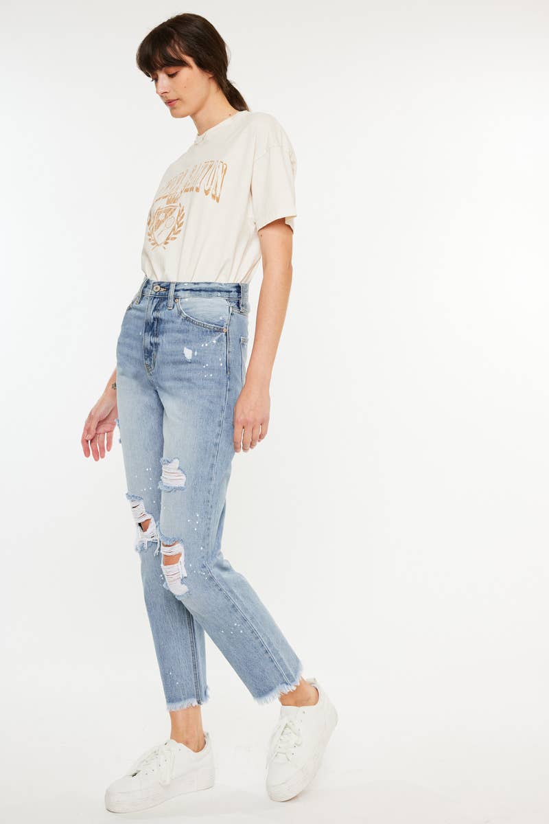 HIGH RISE SLIM STRAIGHT JEANS PAINT SPLATTER