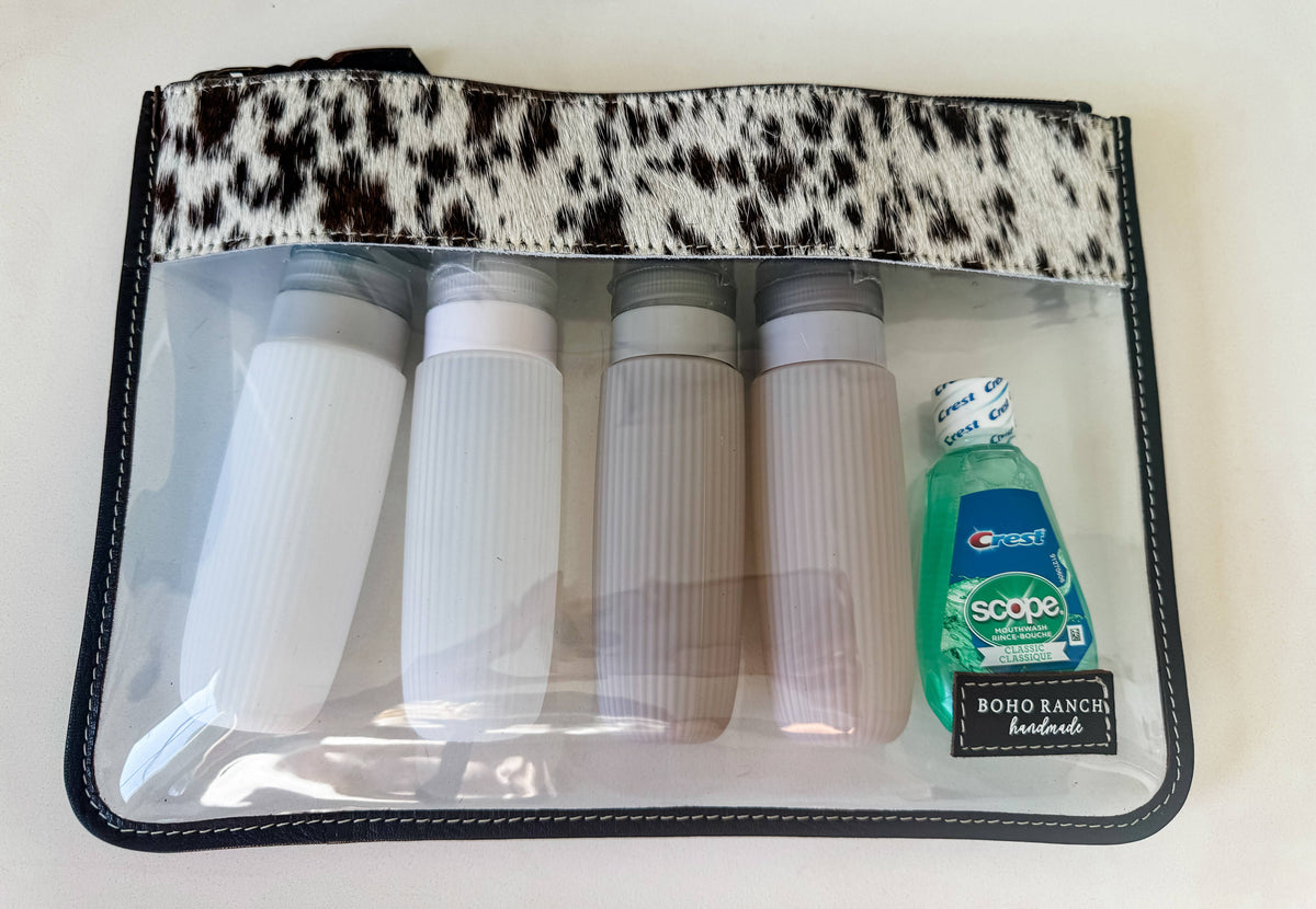 Cowhide Clear Toiletry Makeup Bag TAN + WHITE COWHIDE