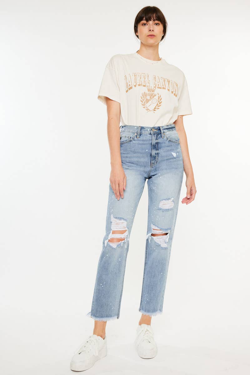 HIGH RISE SLIM STRAIGHT JEANS PAINT SPLATTER