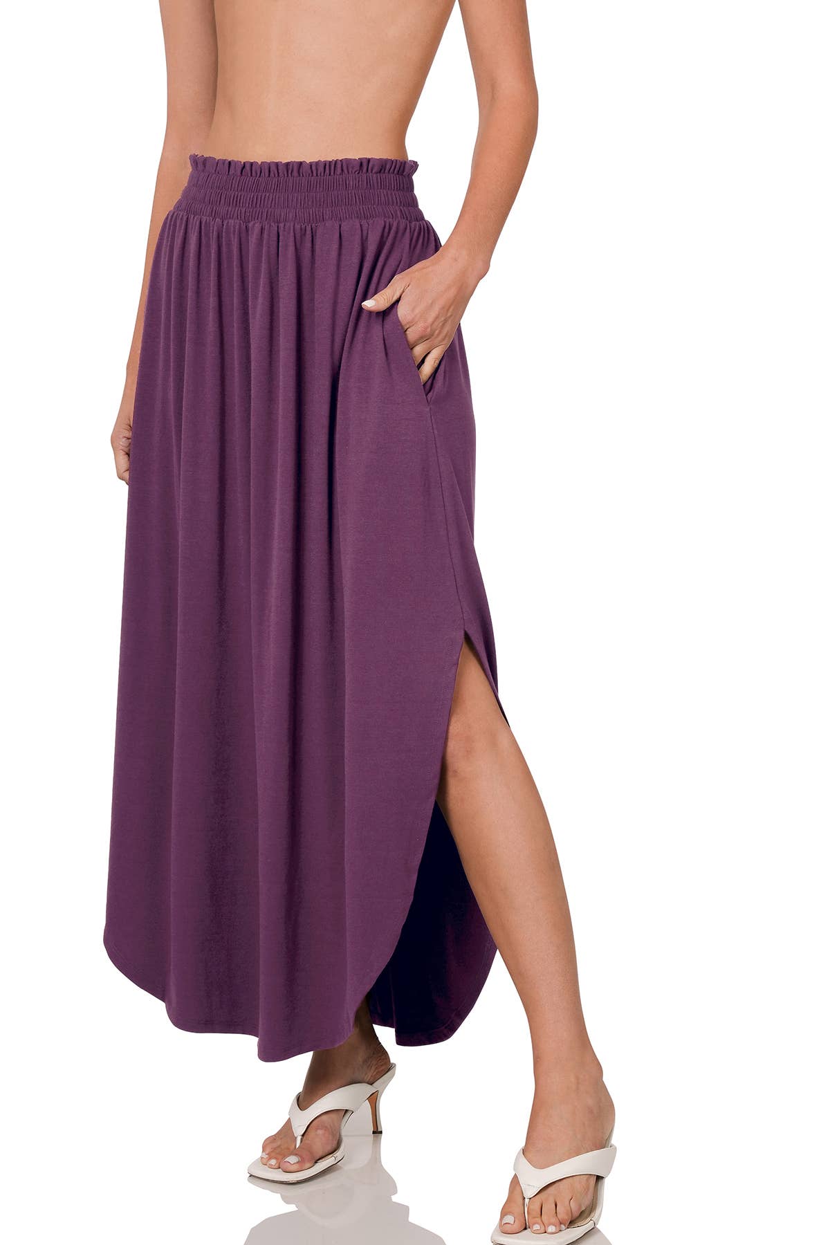 42POPS - Smocked Waist Maxi Skirt With Pockets: BLACK-162633 / S