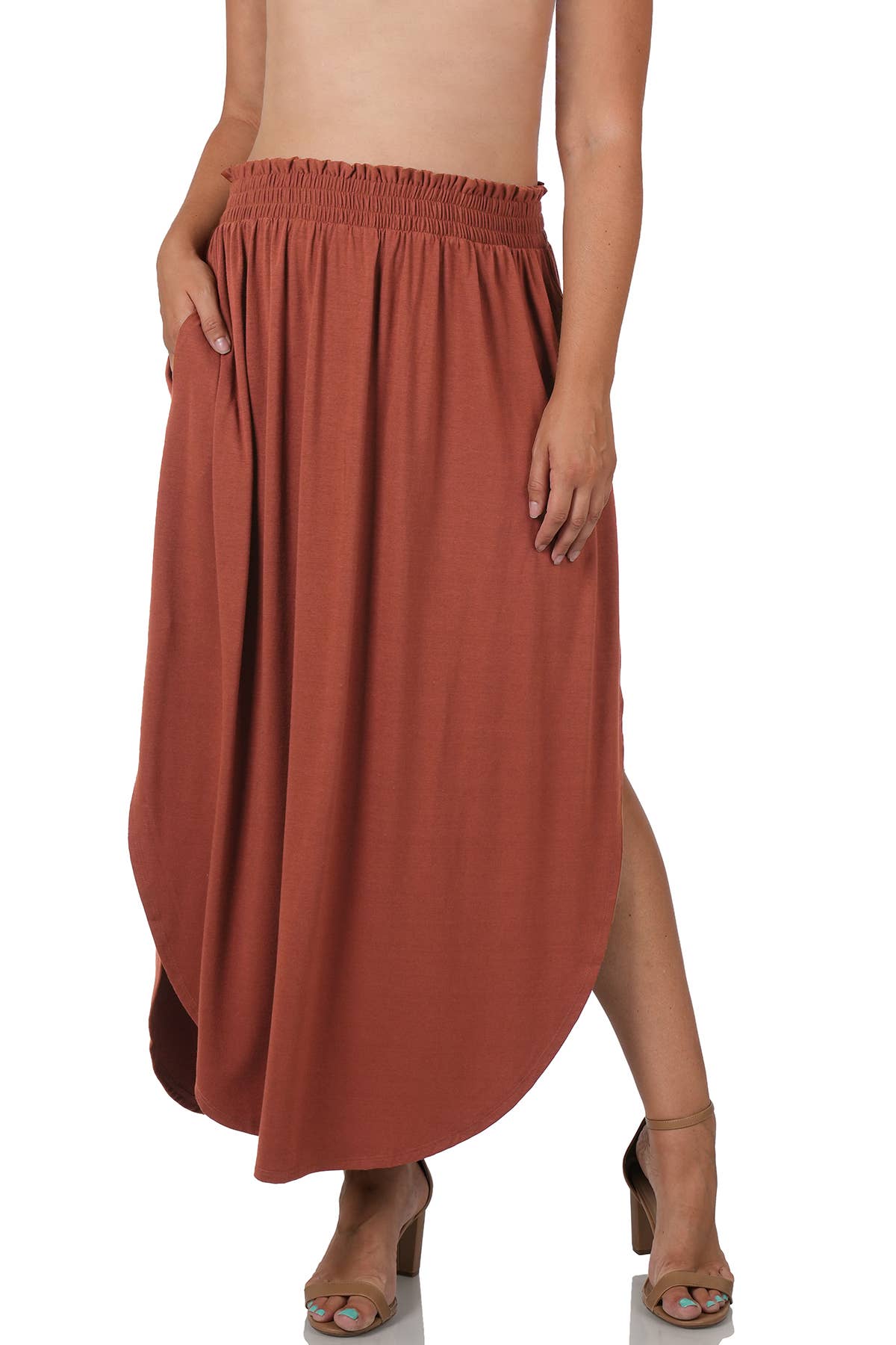 42POPS -  Plus Smocked Waist Side Slit Maxi Skirt With Pockets - Zenan: +BLACK-148183 / 3X