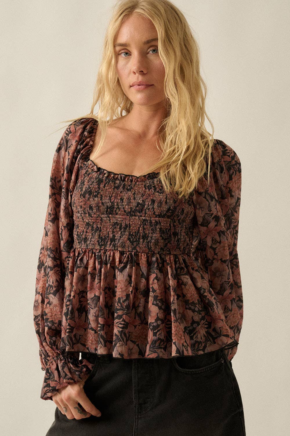 Floral-Print Sweetheart Peplum Top