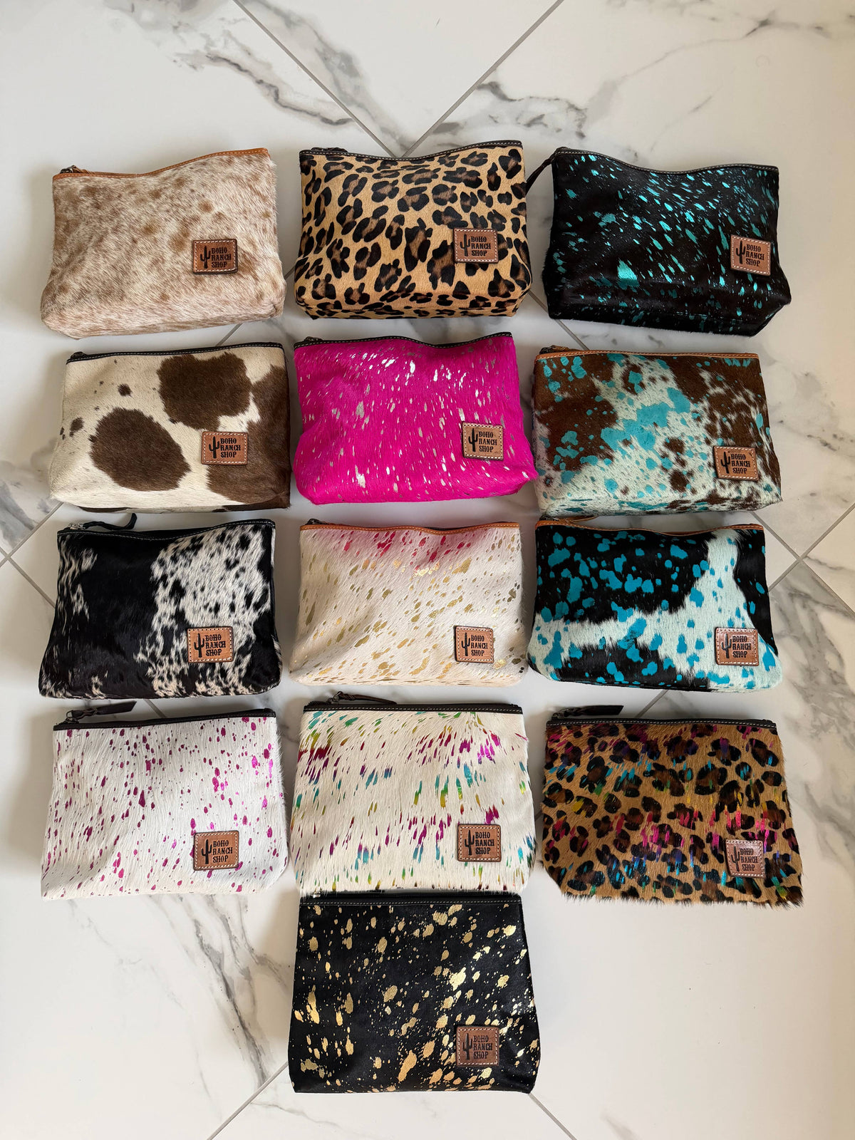 Western Cowhide Makeup Bag Travel: TAN + WHITE