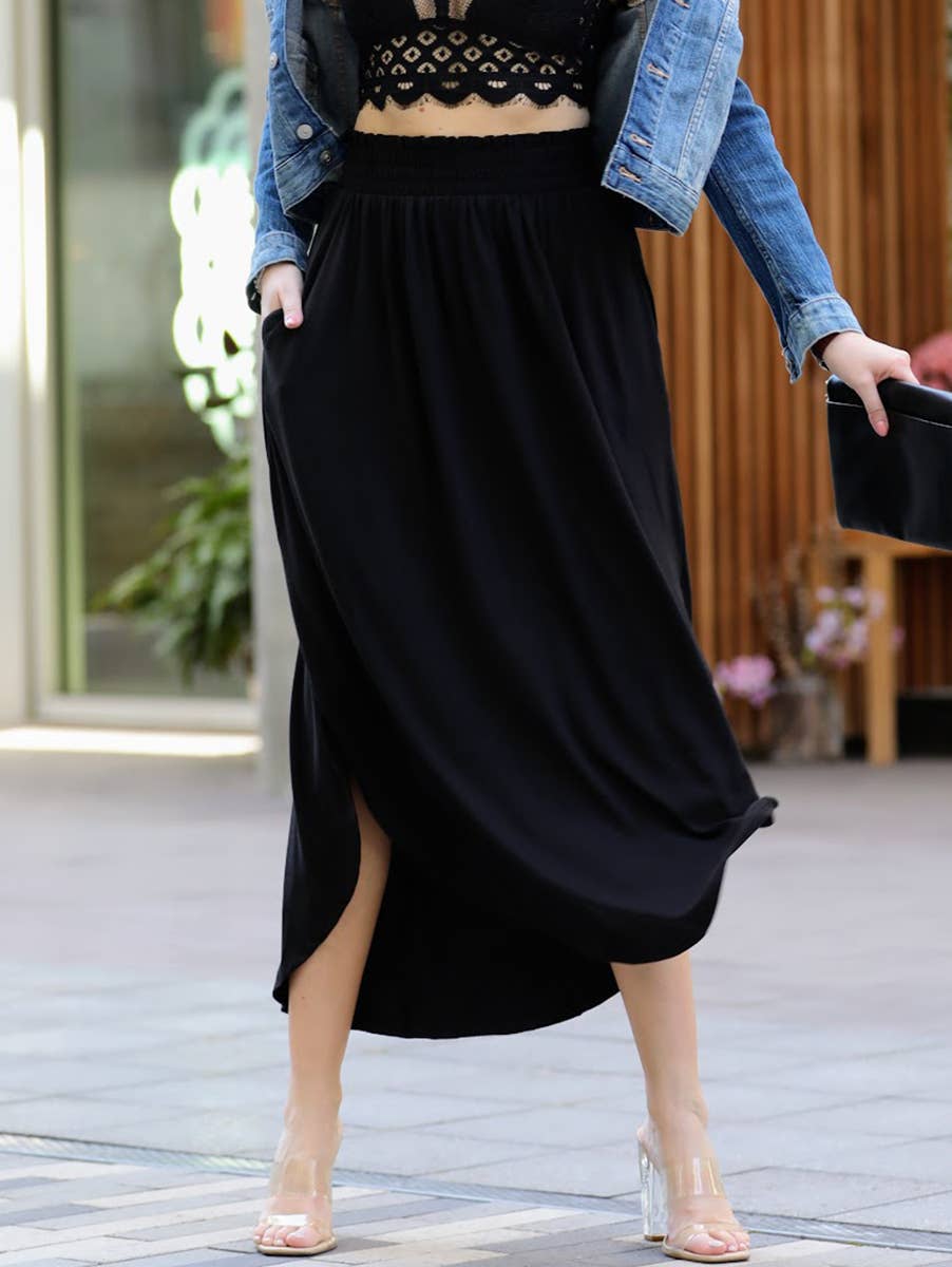 42POPS - Smocked Waist Maxi Skirt With Pockets: BLACK-162633 / M