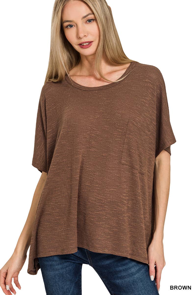 42POPS -  Oversized poly-rayon slub hacci top with pocket - Zenana: WINTER ROSE-192333 / L/XL