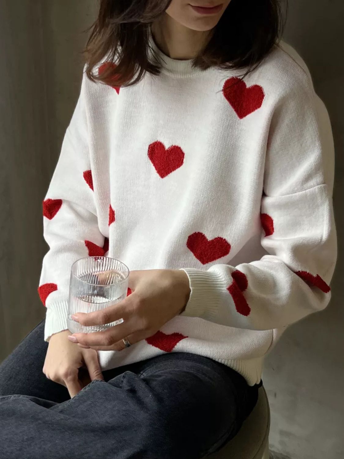 Heart Round Neck Dropped Shoulder Sweater