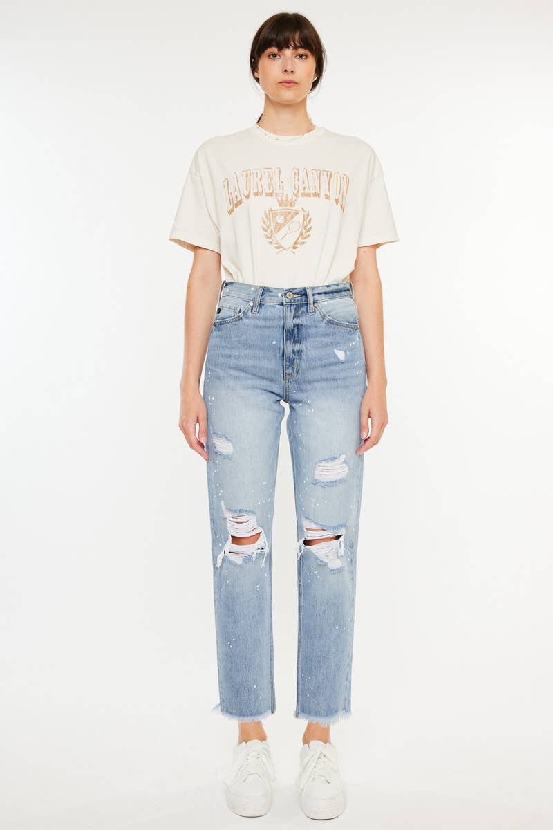 HIGH RISE SLIM STRAIGHT JEANS PAINT SPLATTER