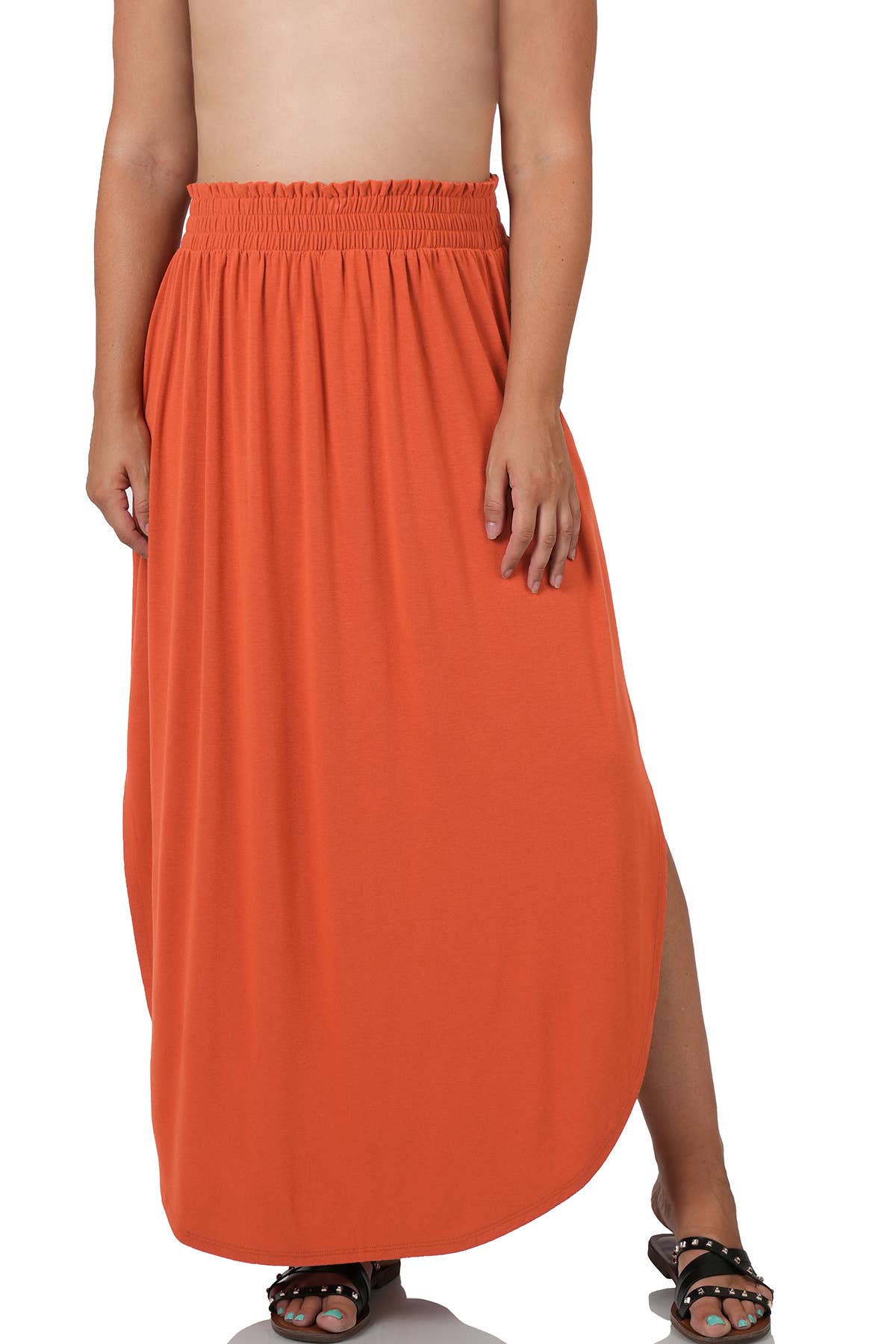 42POPS -  Plus Smocked Waist Side Slit Maxi Skirt With Pockets - Zenan: +BLACK-148183 / 3X