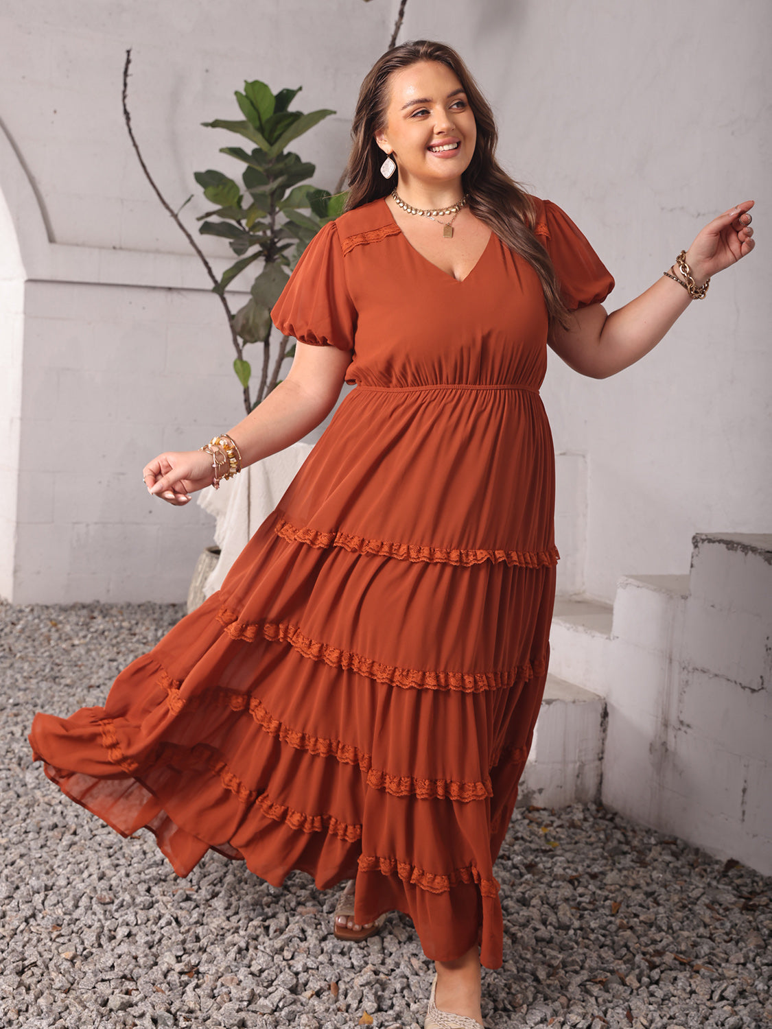 Plus Size Ruched Lace Detail V-Neck Short Sleeve Dress