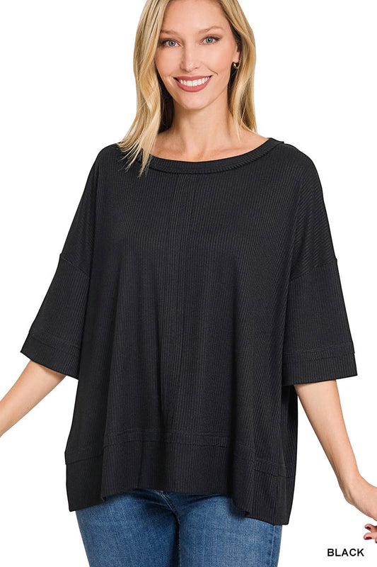 RIBBED BOAT NECK DOLMAN TOP