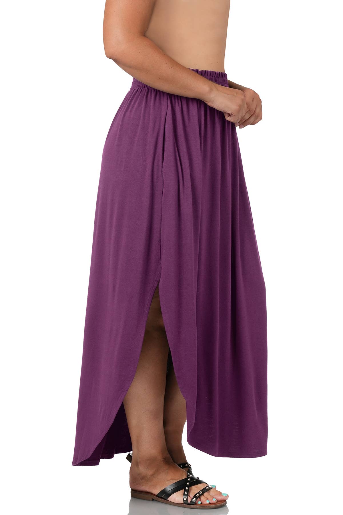 42POPS -  Plus Smocked Waist Side Slit Maxi Skirt With Pockets - Zenan: +BLACK-148183 / 1X