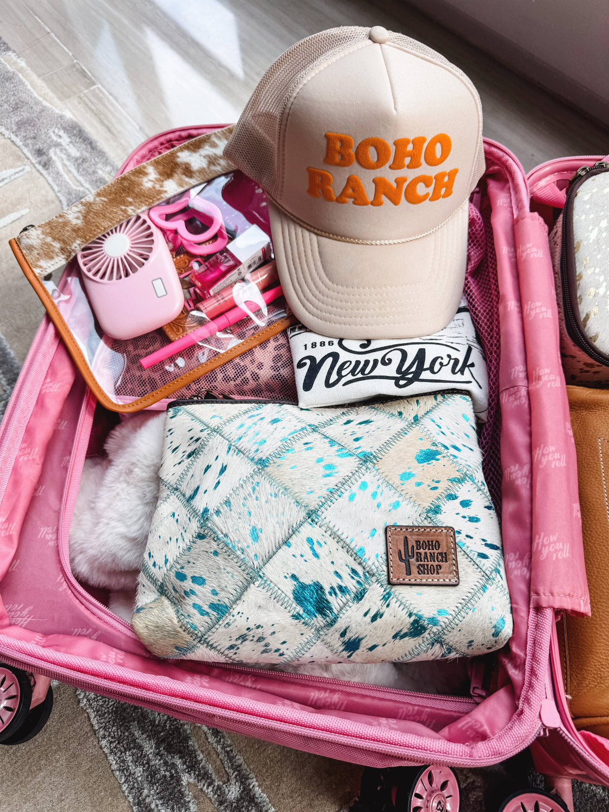 Cowhide Clear Toiletry Makeup Bag TAN + WHITE COWHIDE