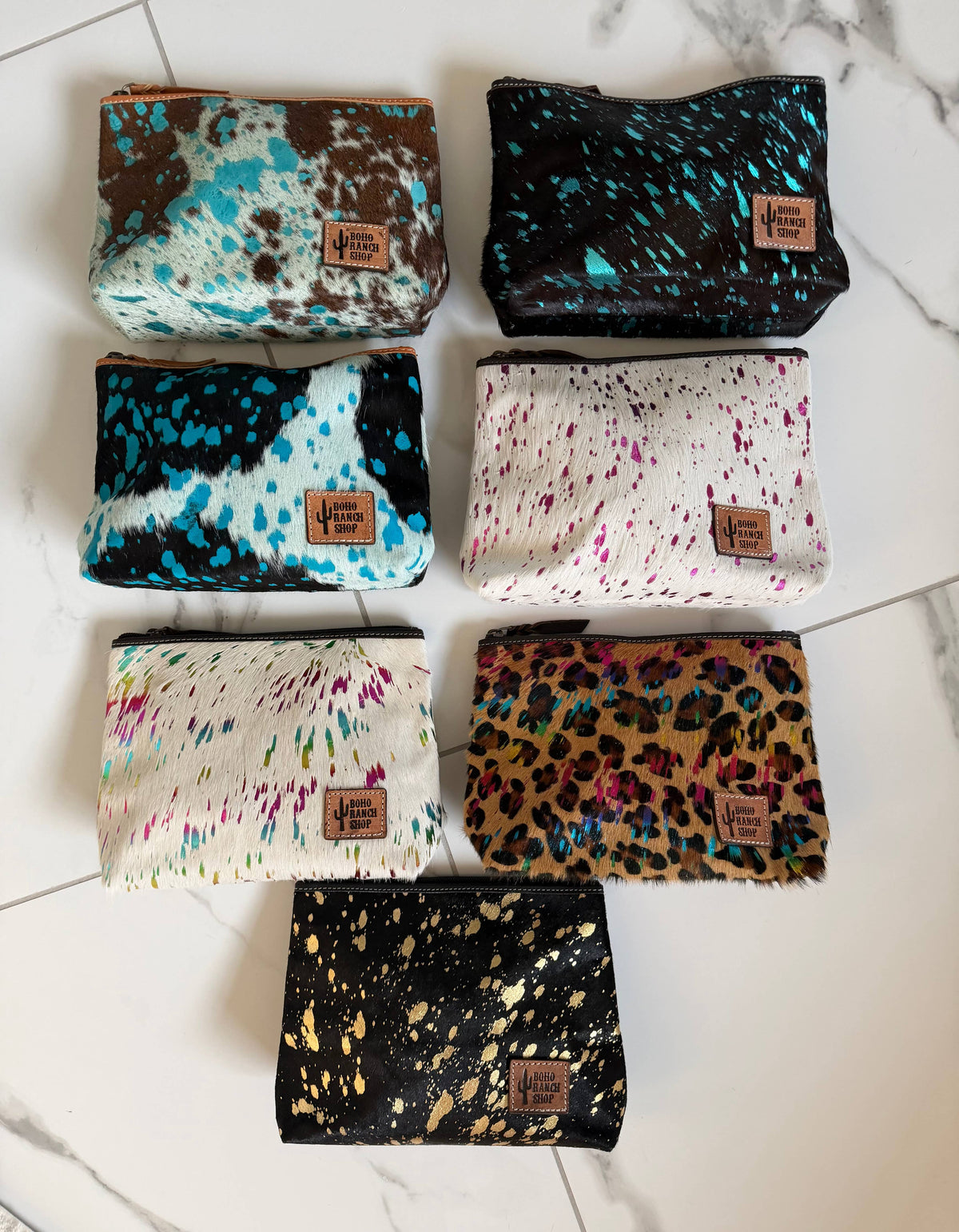 Western Cowhide Makeup Bag Travel: TAN + WHITE