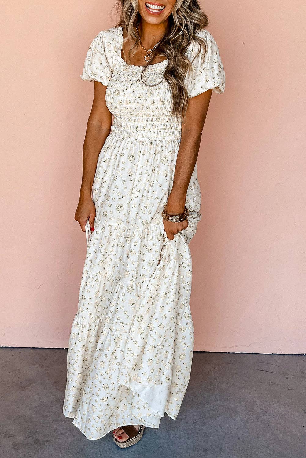 White Frilly Tiered Floral Maxi Dress