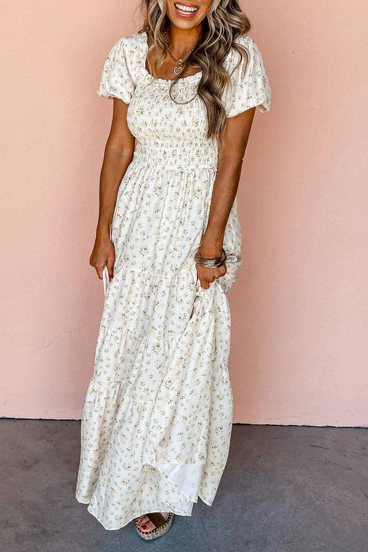 White Frilly Tiered Floral Maxi Dress