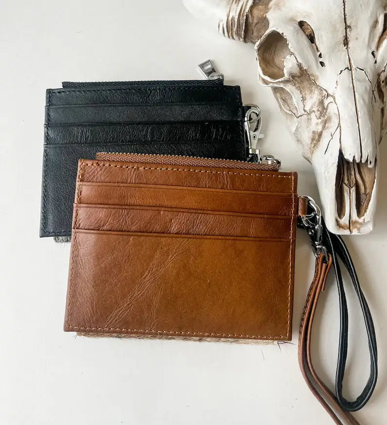 Dakota Wristlet Card Wallet- BLACK + WHITE COWHIDE