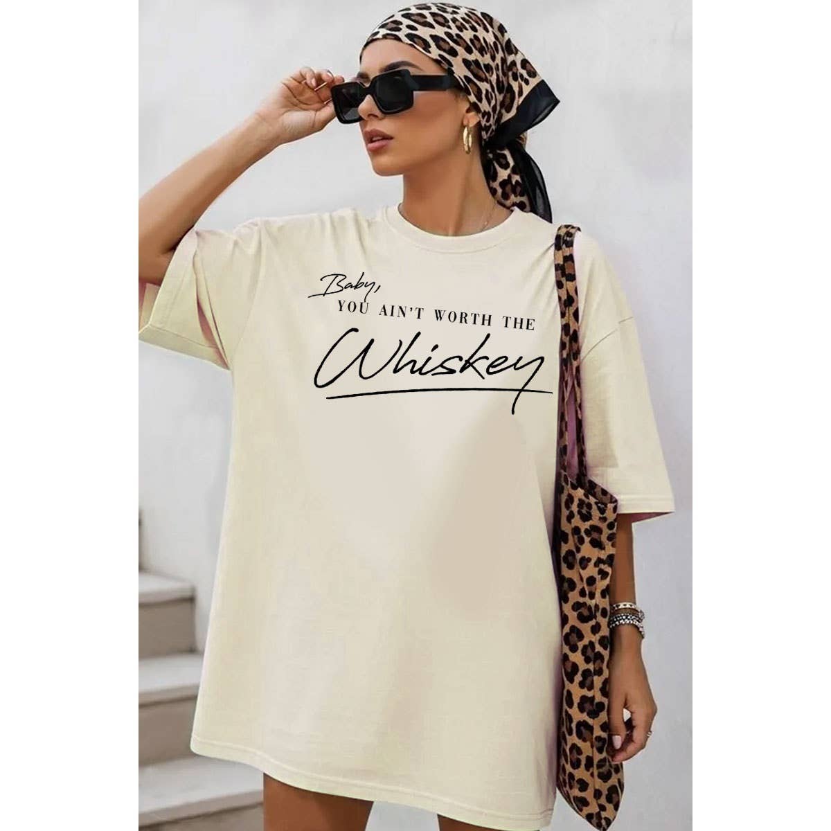 HRTandLUV - YOU AINT WORTH T WHISKEY OVERSIZED MINERAL GRAPHIC TEE: MINERAL DUSTY BLUE / S-M-L-XL(1-2-2-1)