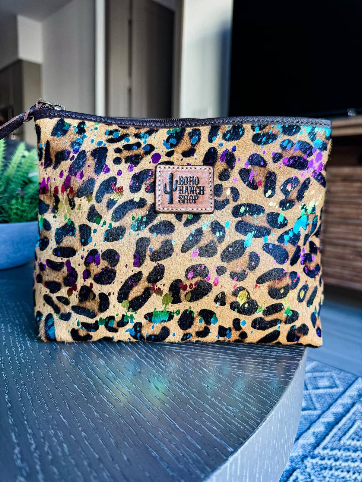 Western Cowhide Makeup Bag Travel: TAN + WHITE