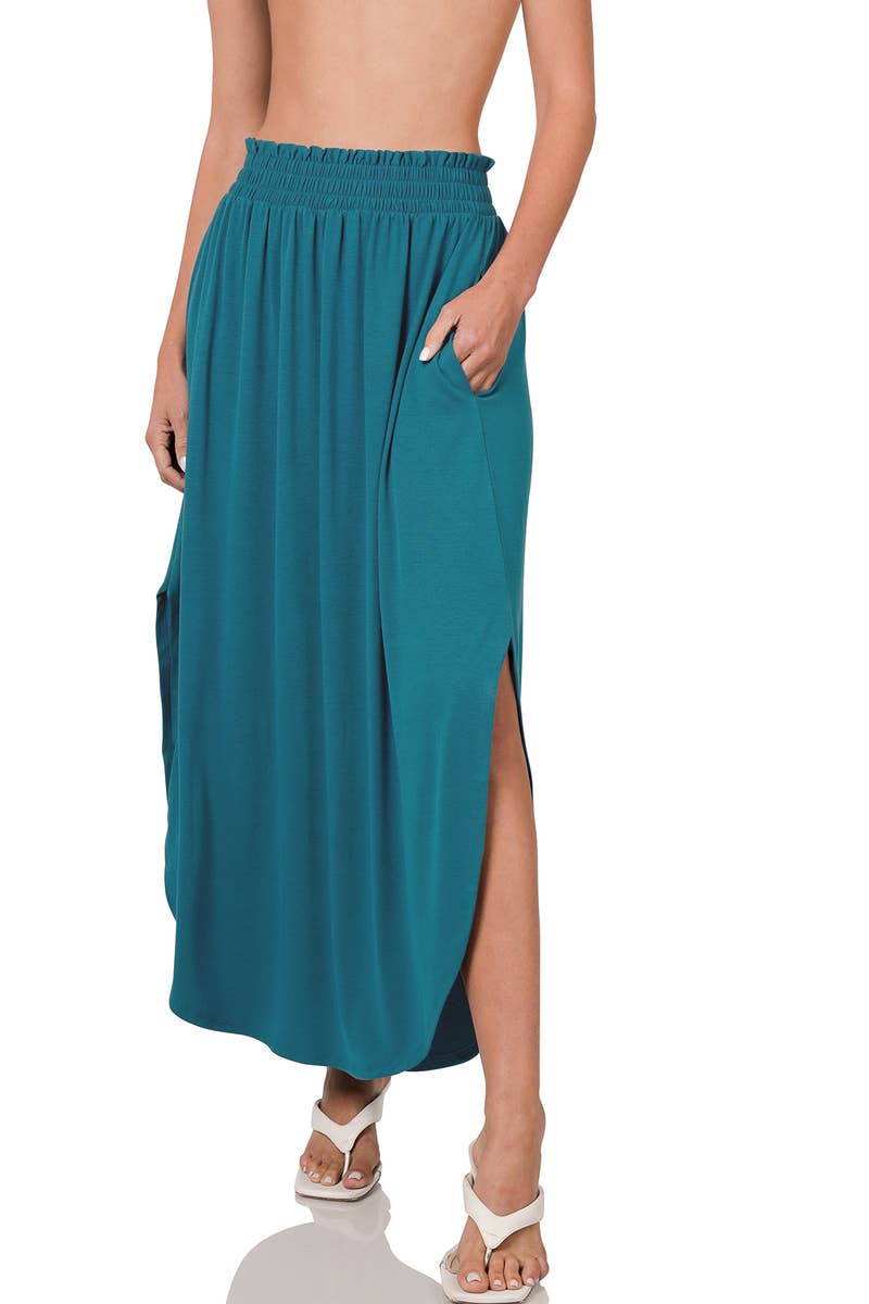 42POPS - Smocked Waist Maxi Skirt With Pockets: BLACK-162633 / M