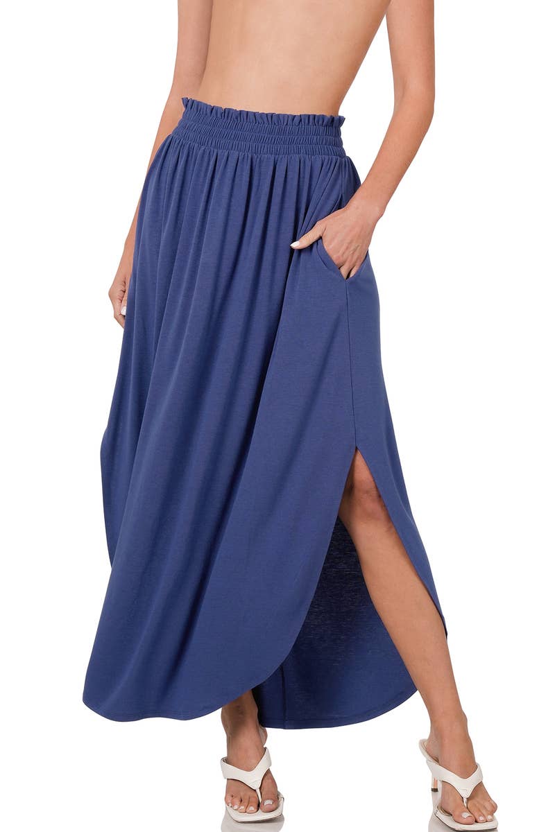 42POPS - Smocked Waist Maxi Skirt With Pockets: BLACK-162633 / M