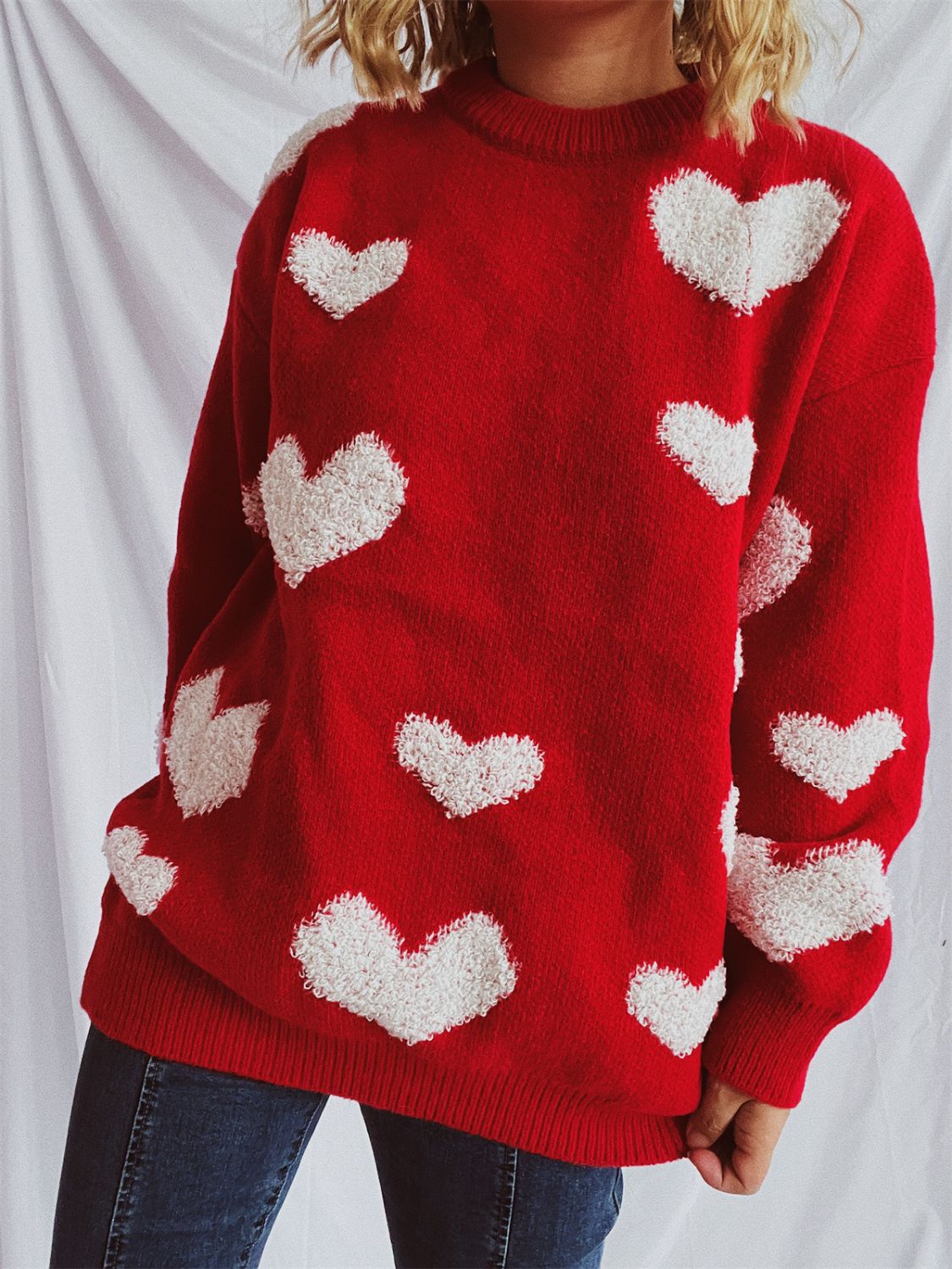 Heart Round Neck Dropped Shoulder Sweater