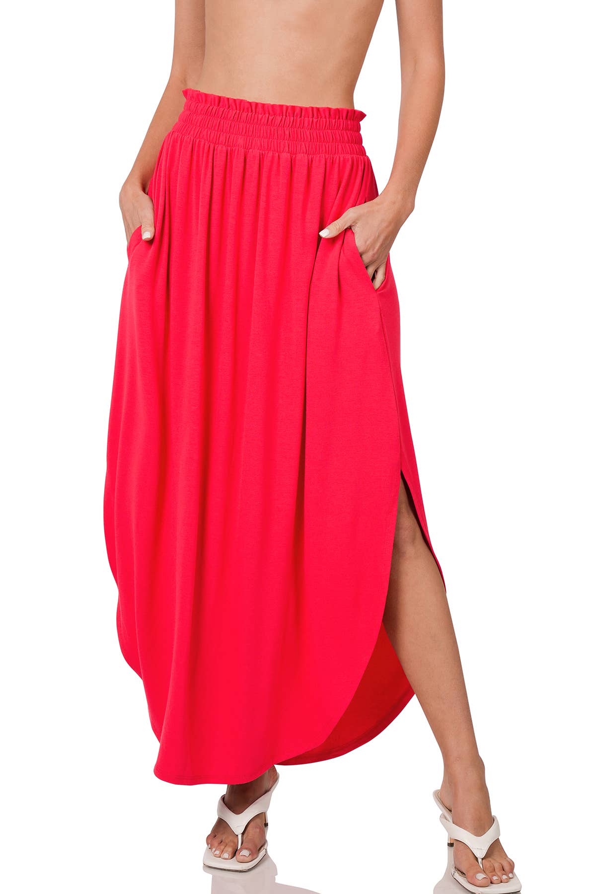 42POPS - Smocked Waist Maxi Skirt With Pockets: BLACK-162633 / M