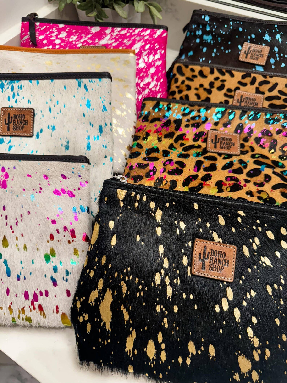 Western Cowhide Makeup Bag Travel: TAN + WHITE
