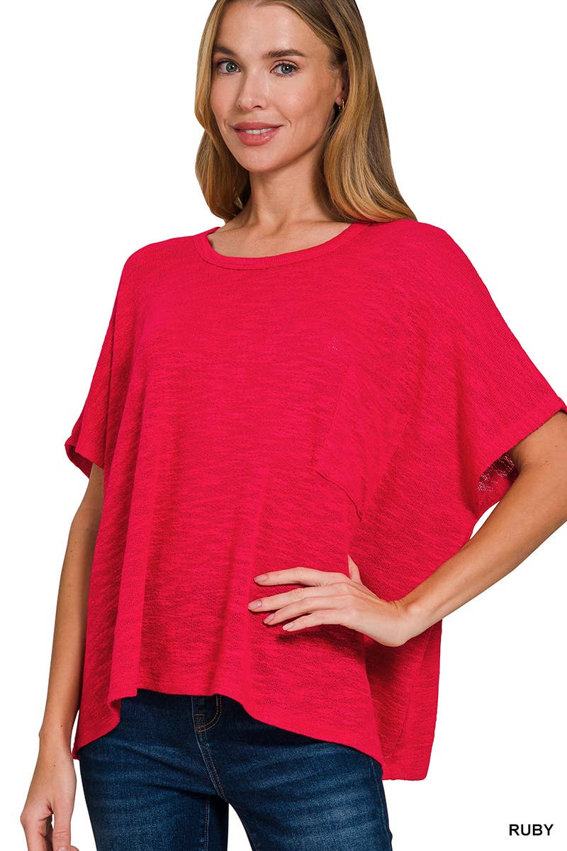 42POPS -  Oversized poly-rayon slub hacci top with pocket - Zenana: WINTER ROSE-192333 / L/XL