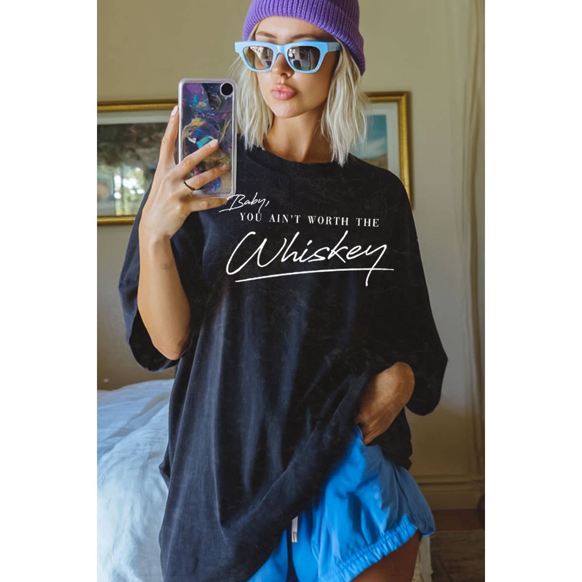 HRTandLUV - YOU AINT WORTH T WHISKEY OVERSIZED MINERAL GRAPHIC TEE: MINERAL DUSTY BLUE / S-M-L-XL(1-2-2-1)