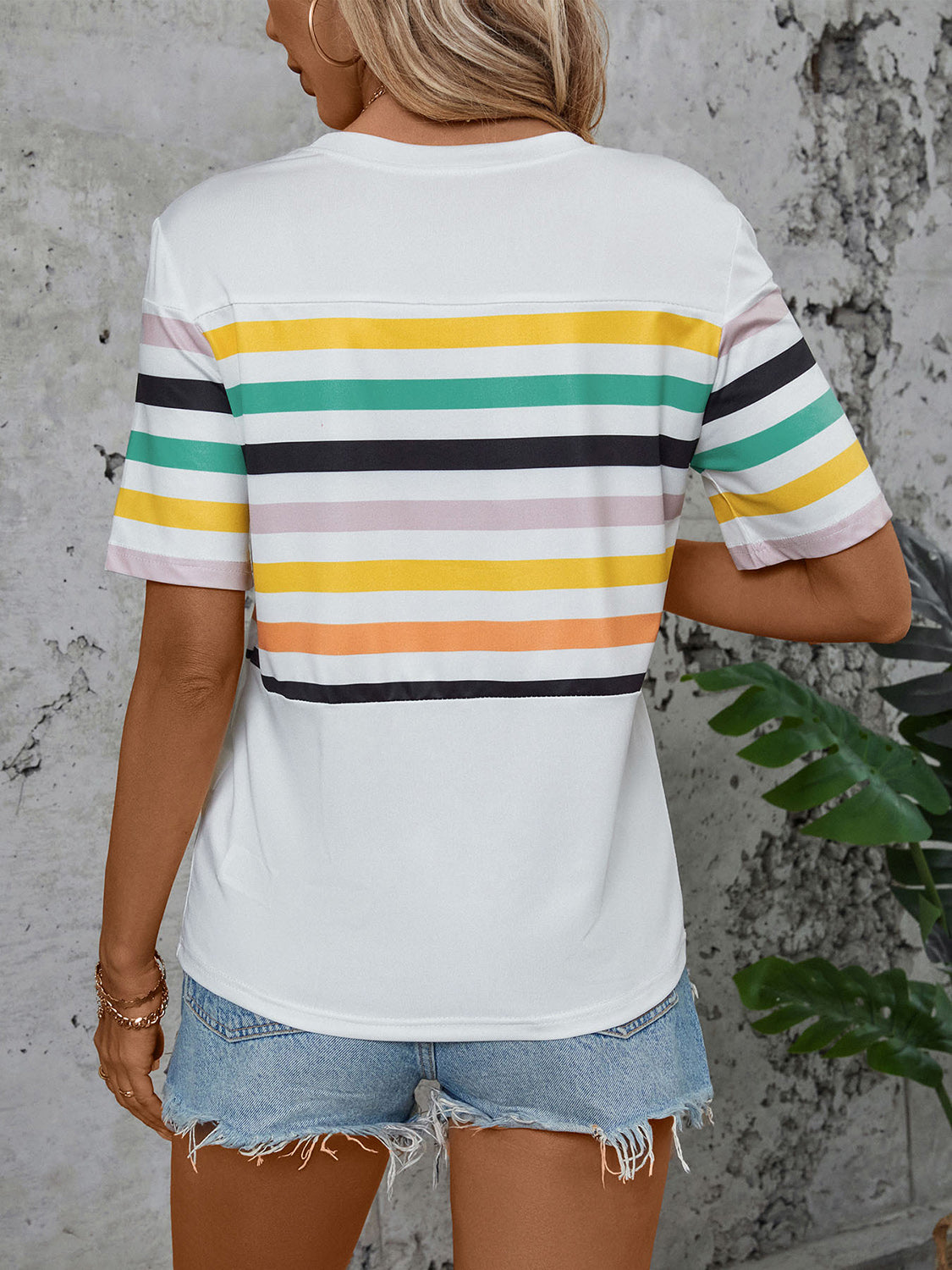 Perfee Striped Round Neck Short Sleeve T-Shirt