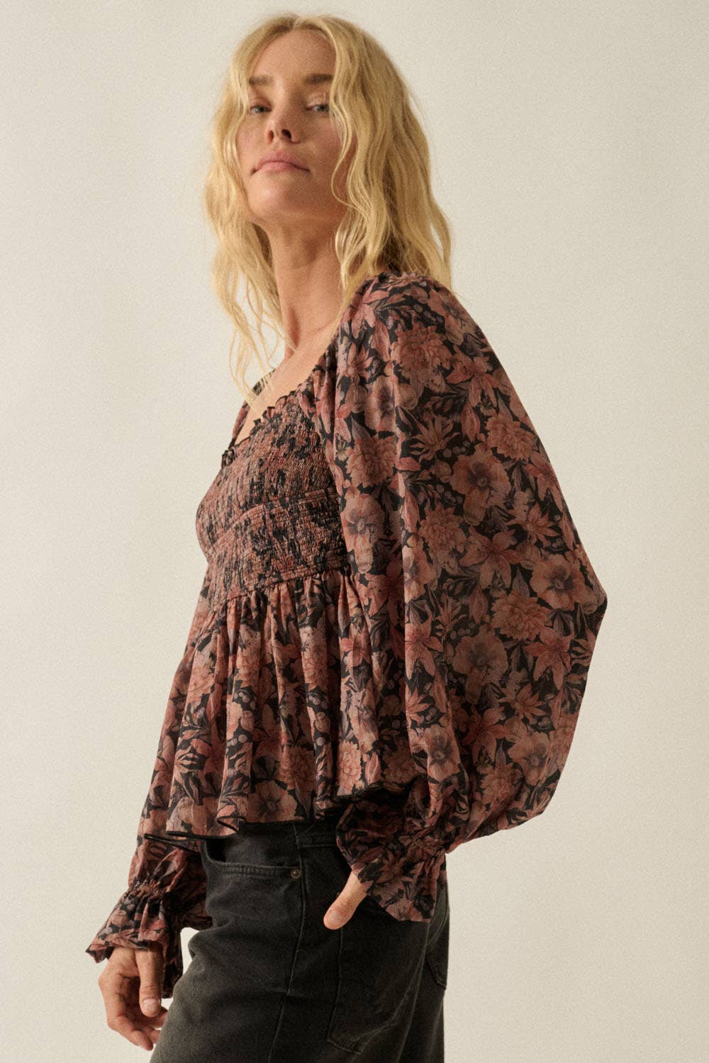Floral-Print Sweetheart Peplum Top