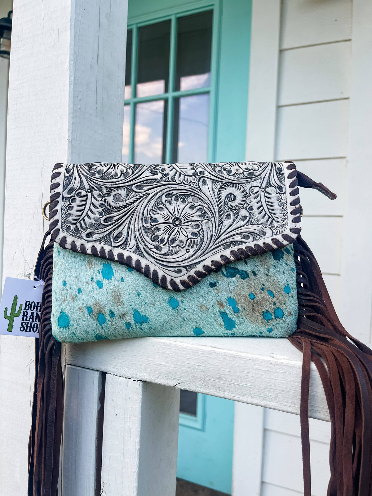 THE DELILAH CROSSBODY TAN + WHITE COWHIDE