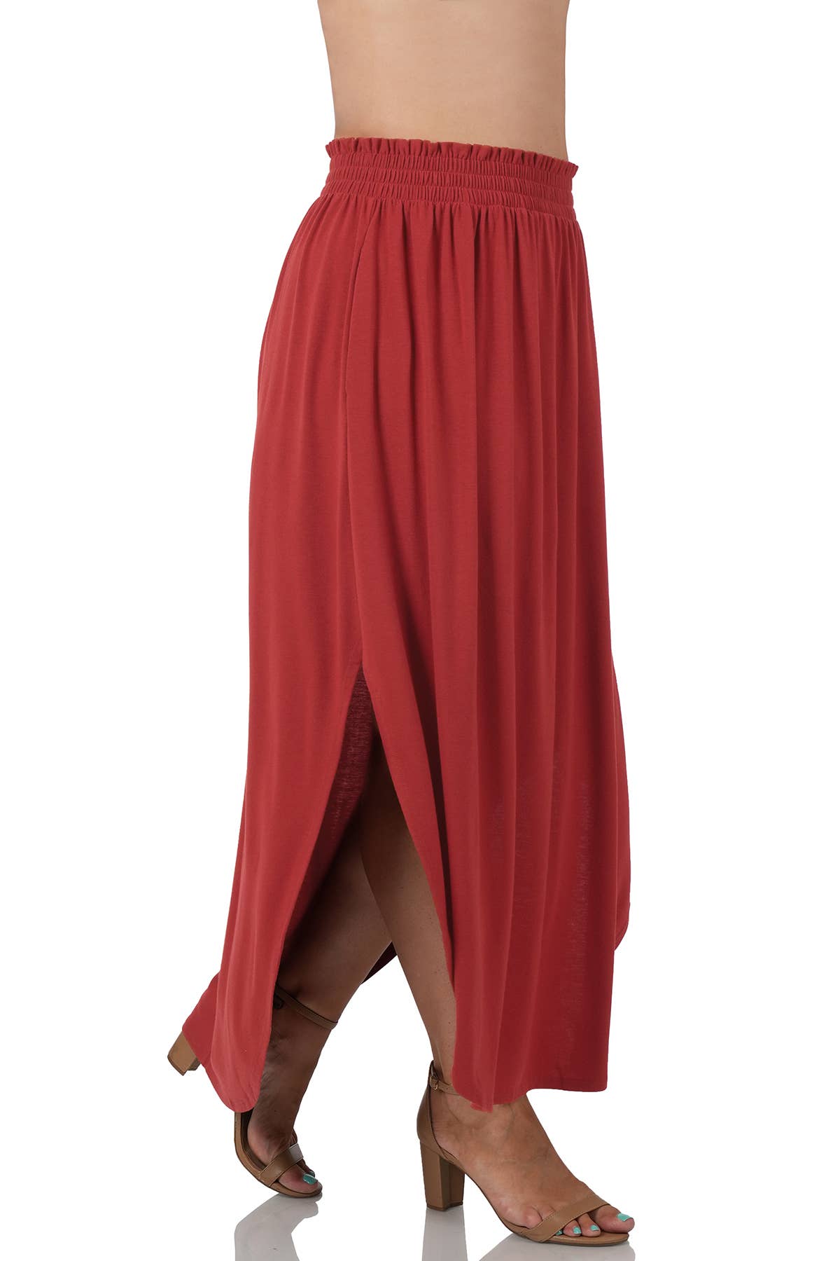 42POPS -  Plus Smocked Waist Side Slit Maxi Skirt With Pockets - Zenan: +BLACK-148183 / 3X