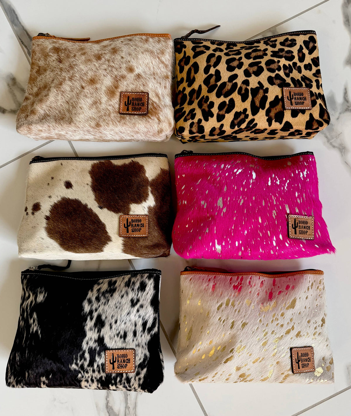 Western Cowhide Makeup Bag Travel: TAN + WHITE